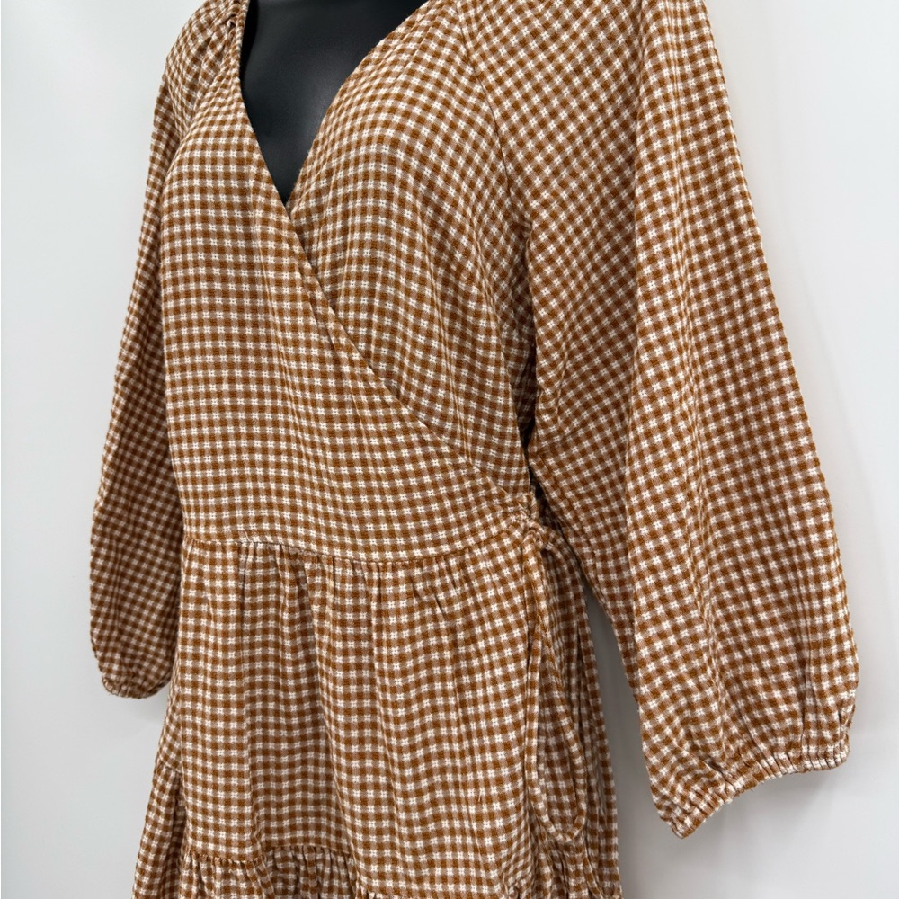 Madewell Gingham Puff-Sleeve Wrap Dress in Golden Pecan | Size Medium - Picture 5 of 6
